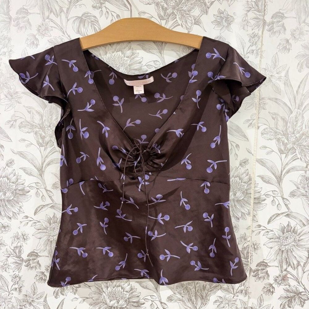 Victoria Secret Y2K Brown Satin Purple Floral Top Ruffle Short Sleeve Sz Small